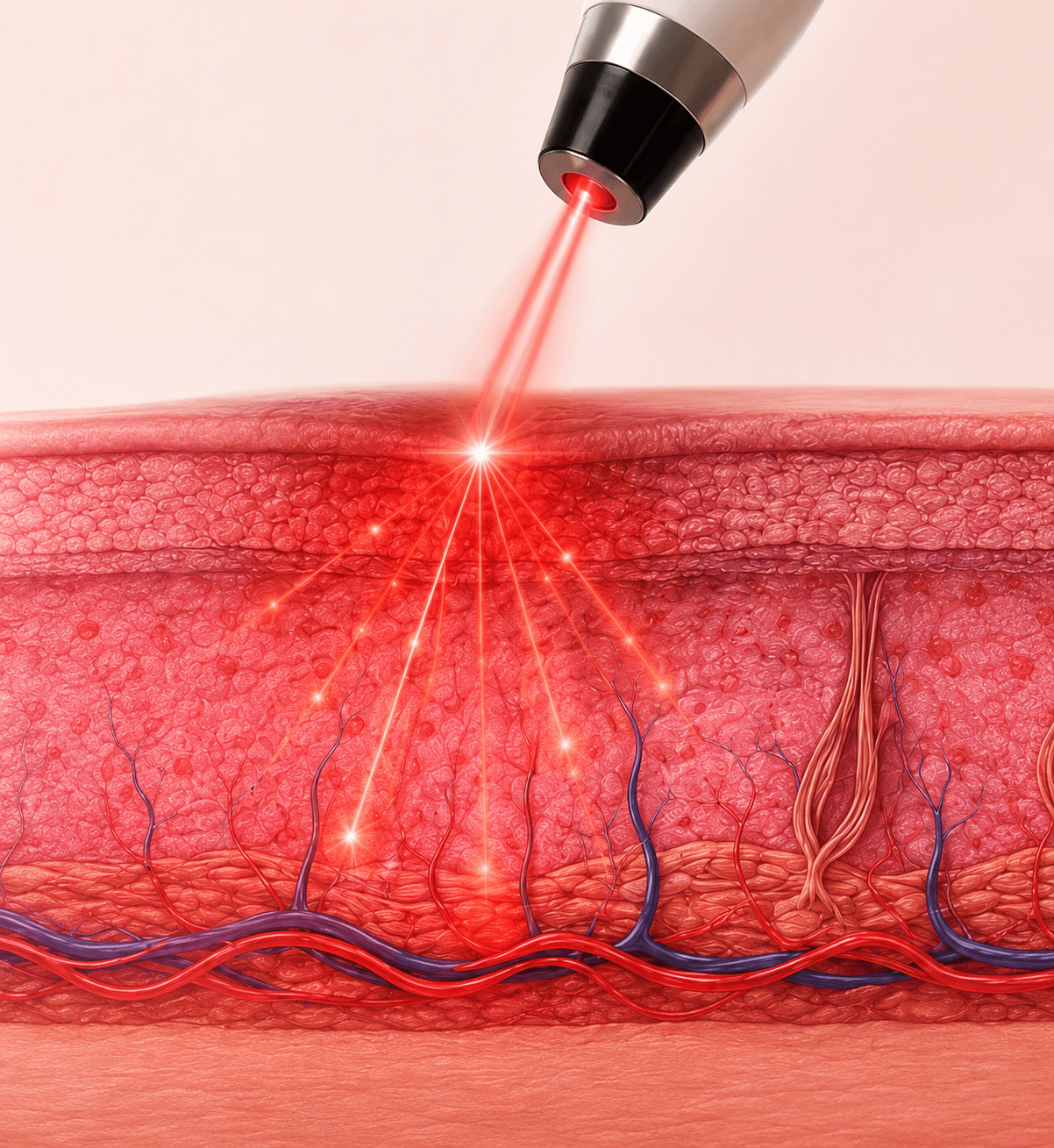 Ilustração da laserterapia: luz vermelha e infravermelha penetrando as camadas da pele e alcançando os vasos